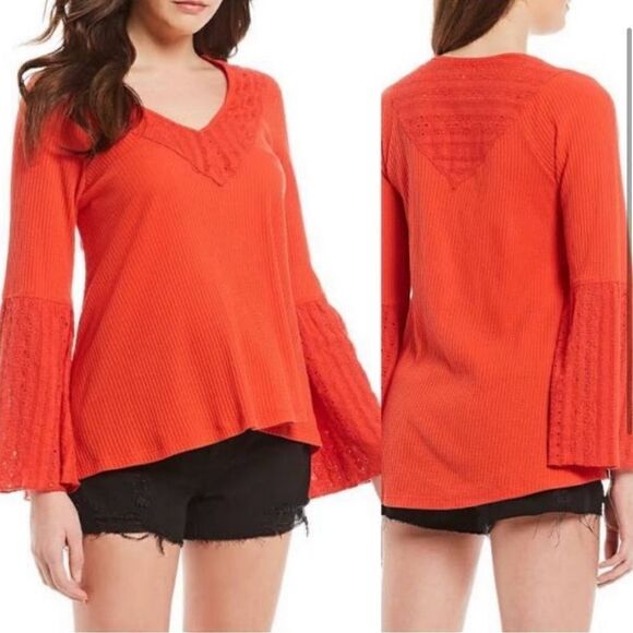 Free People Parisian Nights Eyelet Top Vermillion - Picture 1 of 12